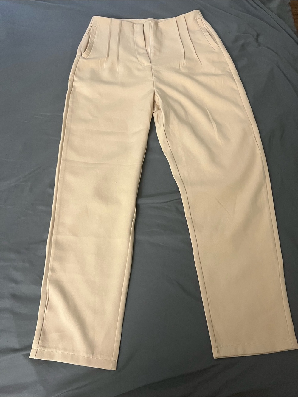 Women’s Cream Straight Dress Pants with Pleated Front